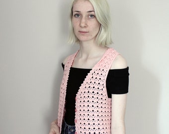 SALE Vintage 60s Baby Pink Crochet Waistcoat/Vest - Extra Small/Small