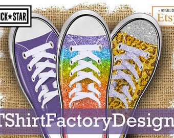 May include: Three pairs of glitter sneakers with different designs. The sneakers are purple, rainbow, and leopard print. The text "Sock Star" is in the top left corner and "We Sell On Etsy" is in the top right corner.