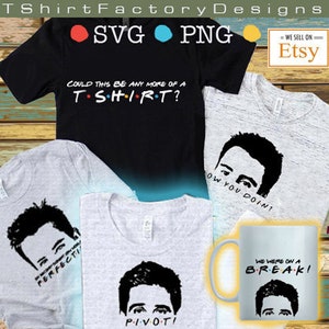 May include: A set of five Friends TV show themed designs featuring different quotes and images from the show. The designs are printed on t-shirts and a mug. The t-shirts are in grey and black. The mug is white. The designs include the quotes "Could this be any more of a T-shirt?", "We were on a break!" and "How you doin?" The designs also include images of the character Ross Geller.