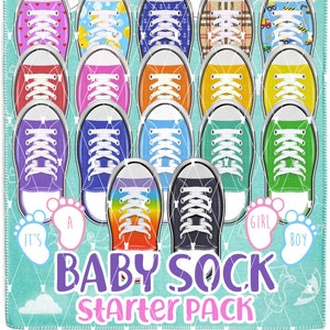 DELUXE Baby Shoe Sock Sublimation Starter Pack: 12 colors, 5 patterns w/swappable laces and toe bling and BONUS SVG 4-sock jig templates