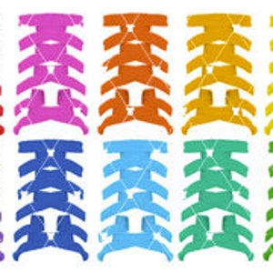 May include: Set of ten colorful plastic hair clips in various shades of red, pink, orange, yellow, purple, blue, teal, light blue, green, and lime green. The clips are all the same shape and size, with a zig-zag design.