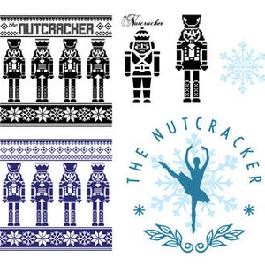 May include: A set of four black and white illustrations featuring a nutcracker soldier, snowflakes, and a stylised Christmas jumper pattern. The text "The Nutcracker" is included in the design.