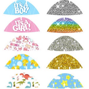 May include: Assortment of 10 cupcake toppers featuring various designs, including "It's a Boy!" and "It's a Girl!" in blue and pink, a rainbow, glitter, and baby-themed patterns.