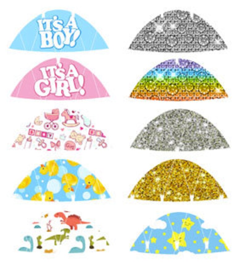 May include: Assortment of 10 cupcake toppers featuring various designs, including "It's a Boy!" and "It's a Girl!" in blue and pink, a rainbow, glitter, and baby-themed patterns.