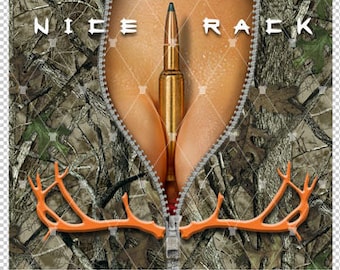May include: A camouflage pattern with a zipper partially open, revealing a gold-coloured bullet. The text "NICE RACK" is printed above the zipper. Orange antlers are visible at the bottom of the image.