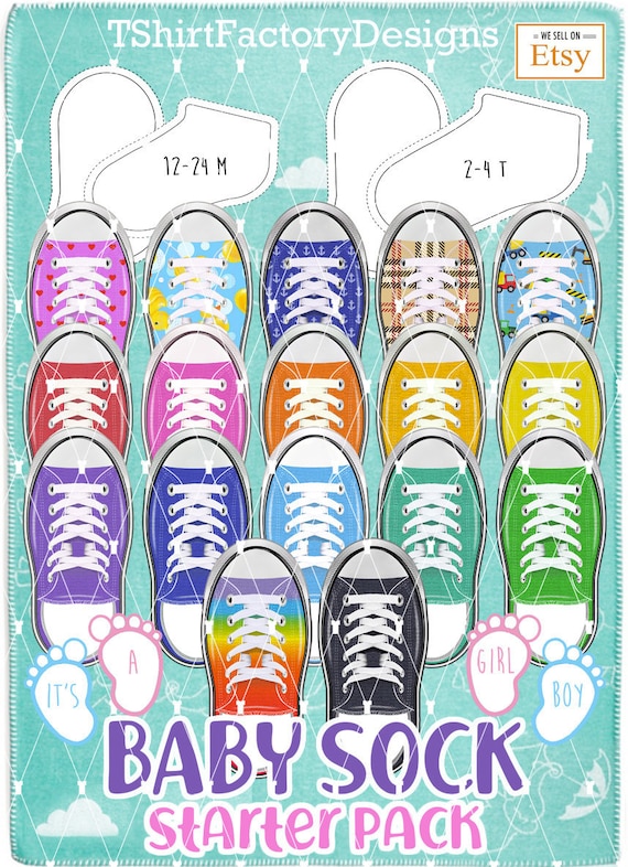 DELUXE Baby Shoe Sock Sublimation Starter Pack: 12 colors, 5 patterns w/swappable laces and toe bling and BONUS SVG 4-sock jig templates