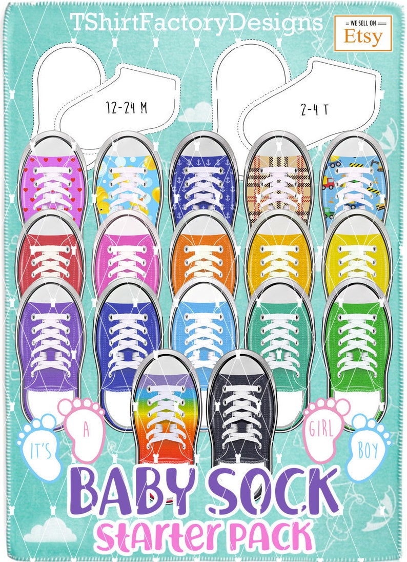 May include: A set of 16 baby sock patterns featuring various designs, including hearts, anchors, and construction vehicles. The patterns are printed on a light blue background with the text "BABY SOCK Starter PACK" in purple and pink.