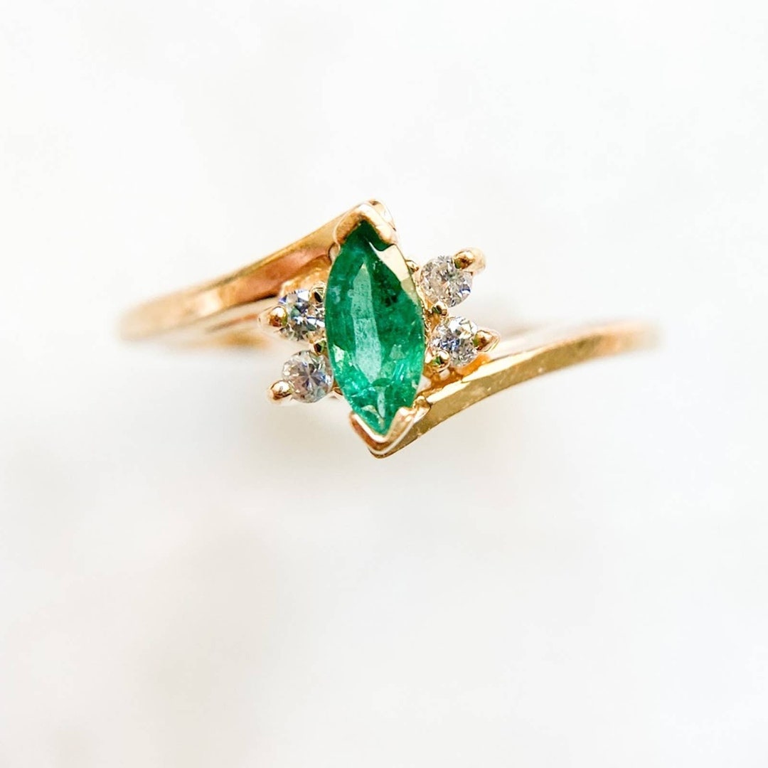 14K Gold Marquise Emerald and Diamond Vintage Ring Emerald - Etsy