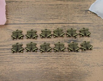 64933-1539 10 Christmas Bell Charm Double Sided Antique Bronze Tone