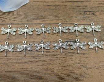 20 Dragonfly Charms ,Antique Silver Tone Double Sided-RS837