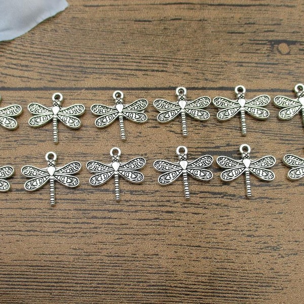 BULK SALE! 100 Dragonfly Charms ,Antique Silver Tone Double Sided-RS837