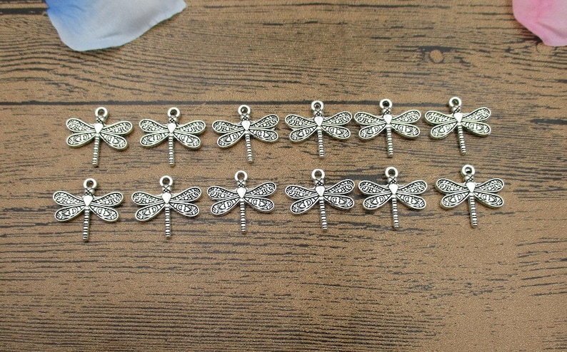 BULK SALE 100 Dragonfly Charms ,Antique Silver Tone Double Sided-RS837 image 1