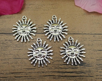 40 Antique Silver Sun Face Charms: 31mm Metal Alloy Pendants