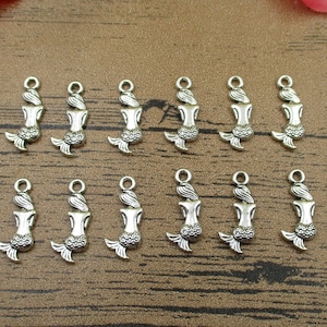 200 pingentes de sereia em prata antiga: dupla face (20 mm x 10 mm)