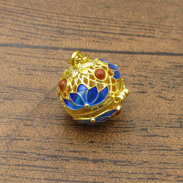 1 pendentif cage cloisonné bleu (raccord avec des perles de 14 mm) couleur or-TS313
