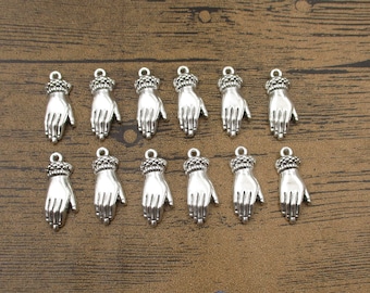 12 Hand Charms,Antique Silver Tone-RS454