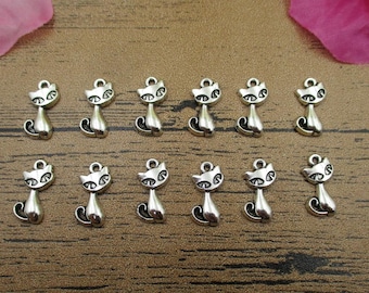 200 Antique Silver Cat Charms, Metal Alloy, 18mm