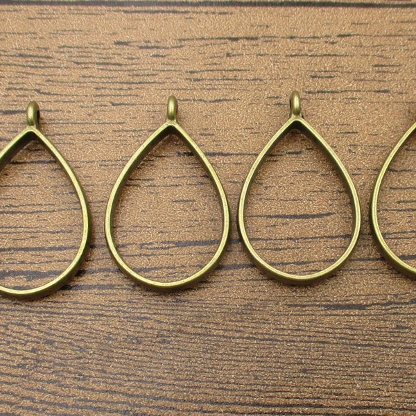 4 Open Bezel Pendants-Drop Shape,Resin Crafts For Earrings Necklace Bracelet,Antique Bronze Tone-TS263