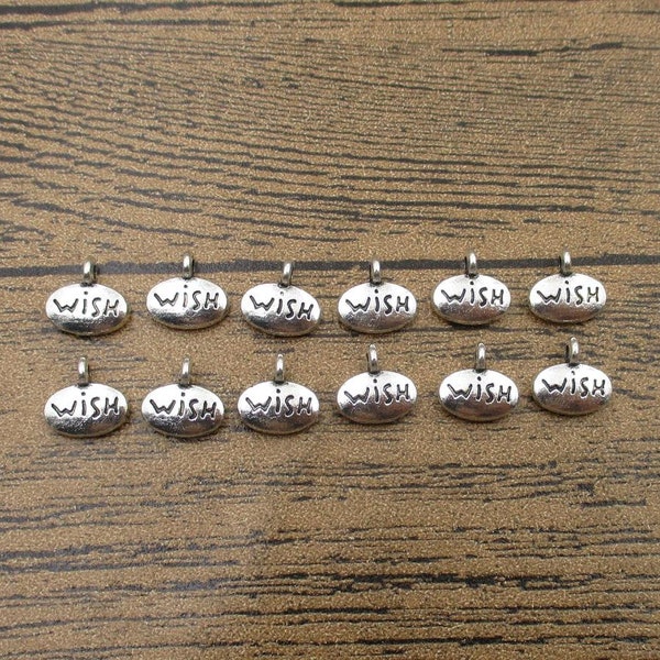 30 Wish Charms,Antique Silver Tone,Double Sided,3D Charms,Tag With Letters-RS274