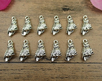 50 Antique Silver Owl Charms, Metal Alloy Pendants (12x21mm)