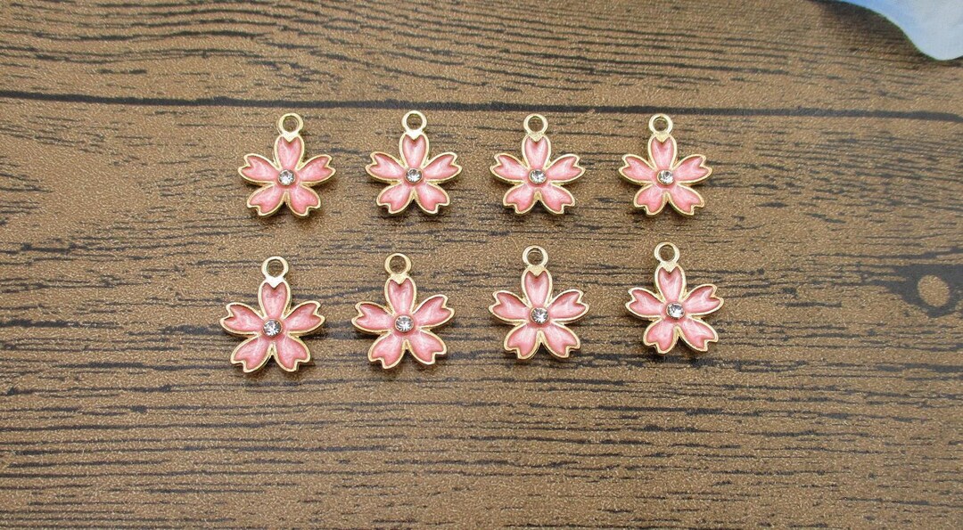 8 Sakura Charms,pink Plated Enamel With a Diamond-rs965