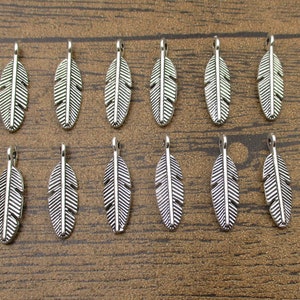 50 Little Feather Charms Antique Silver Tone,Double Sided-RS266