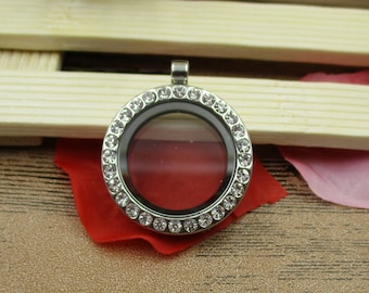 1 Round Glass Floating Locket Pendant With Crystals Rhinestones,Openable Pendant-TS009