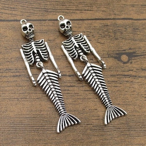2 Mermaid Skeleton Charms,Antique Silver Tone-RS1193