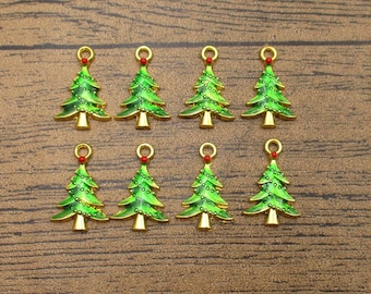 8 Christmas Tree Charms,Green Plated Enamel-RS1196