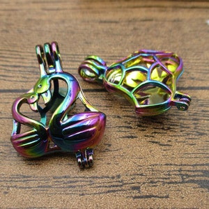 2 Openable Swan Cage Pendants For 9mm Beads,Rainbow Color-TS209