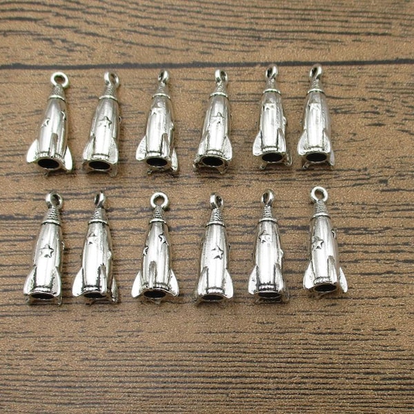 12 Rocket Charms Antique Silver Tone 3D Charms-RS955