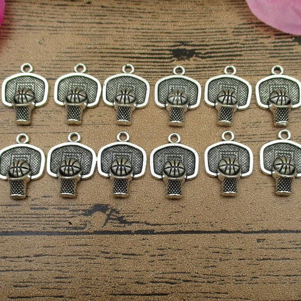 12 Basketball and Stand Charms ,Antique Silver Tone-RS567