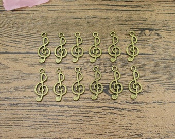 200 Antique Bronze Treble Clef Charms: 10x24mm Music Note Pendants