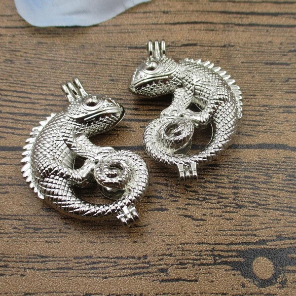 2 Chameleon Cages Charms,Locket Pendant for 8mm Pearls Or Gemstones,Antique Silver Tone-TS165