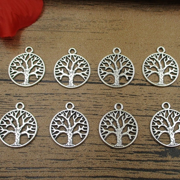 BULK SALE! 100 Round Tree Charms,Antique Silver Tone,Double sided-RS070