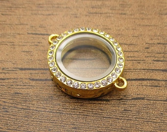 1 Round Glass Floating Locket,Openable Pendant,Memory Locket Connector Gold Color-TS265