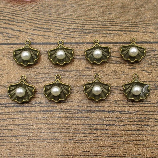 8 perle huître coquille breloques, pendentifs, ton-RS895 Bronze Antique