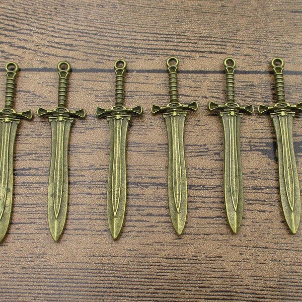 6 Solid Sword Charms, Antique Bronze Tone,Double Sided-RS915