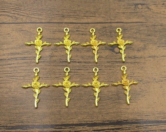 8 Rose Flower Charms, Cross Charms ,Gold Color-RS061