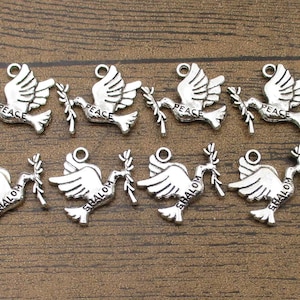 8 Pigeon Charms With Olive Branch Antique Silver Tone Double Sided-RS1215