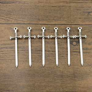6 Sword Charms,Antique Silver Tone,Double Sided-RS9083S
