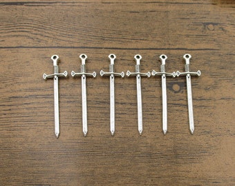 6 Sword Charms,Antique Silver Tone,Double Sided-RS9083S
