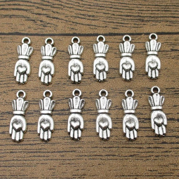 BULK SALE! 100 Hand Charms With a Heart,Antique Silver Tone-RS1014