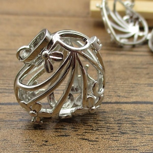 1 Big Filigree Heart-shaped Cage Charm,Antique Silver Tone-TS234