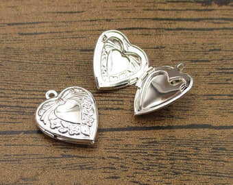 2 Little Heart Locket Pendants,Bright Silver-TS013