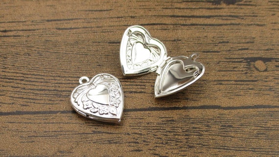 2 Little Heart Locket Pendants,Bright Silver-TS013