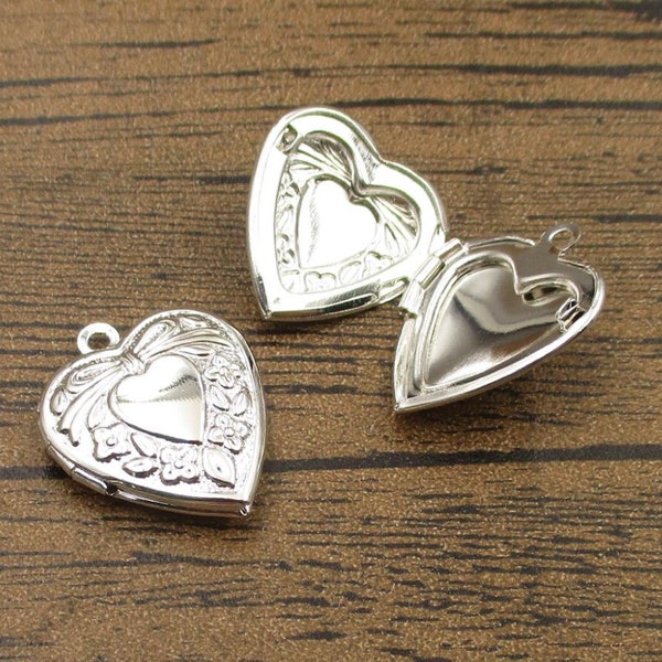 2 Little Heart Locket Pendants,Bright Silver-TS013