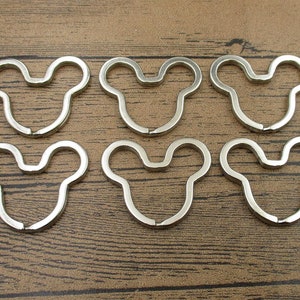 6 Mickey Head Key Rings,Antique Silver Tone Double Loops-RS1085