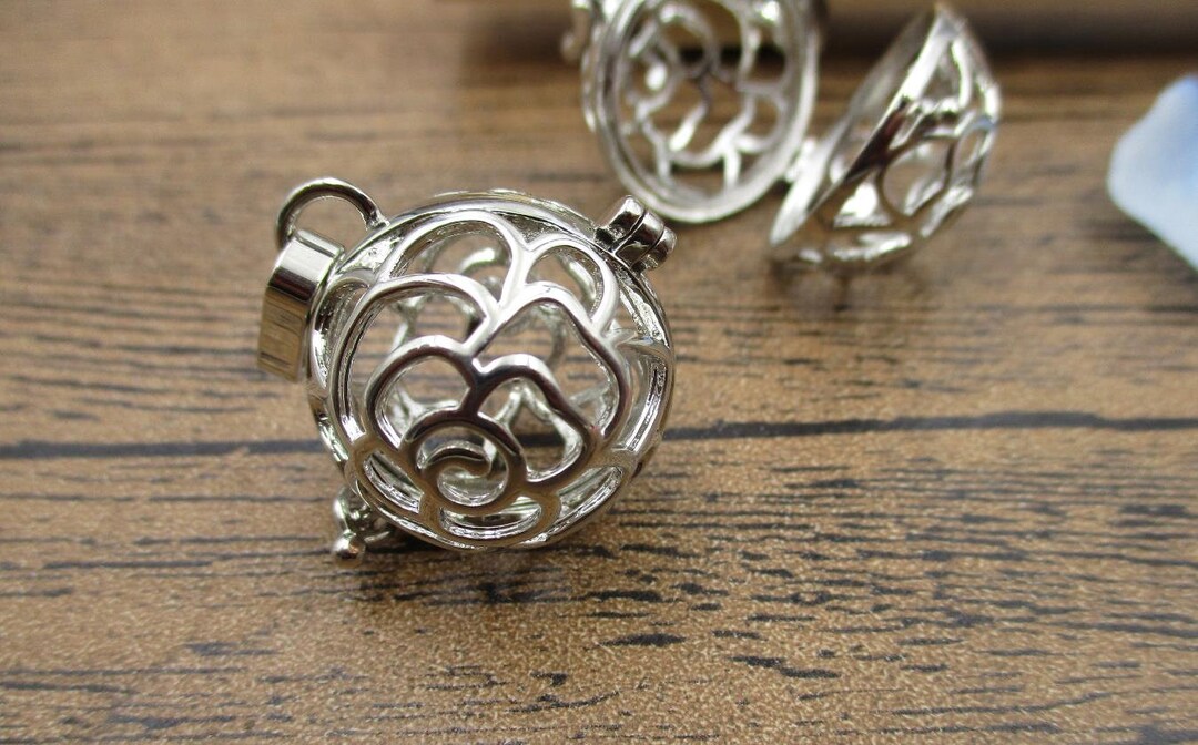 1 Hollow Filigree Cage Charm Antique Silver Tone Fitting