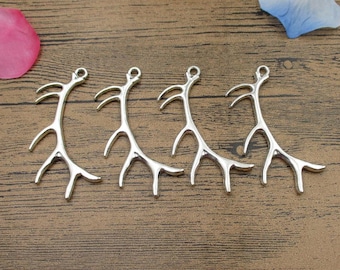 4 Big Antler Charms,Antique Silver Tone-RS862